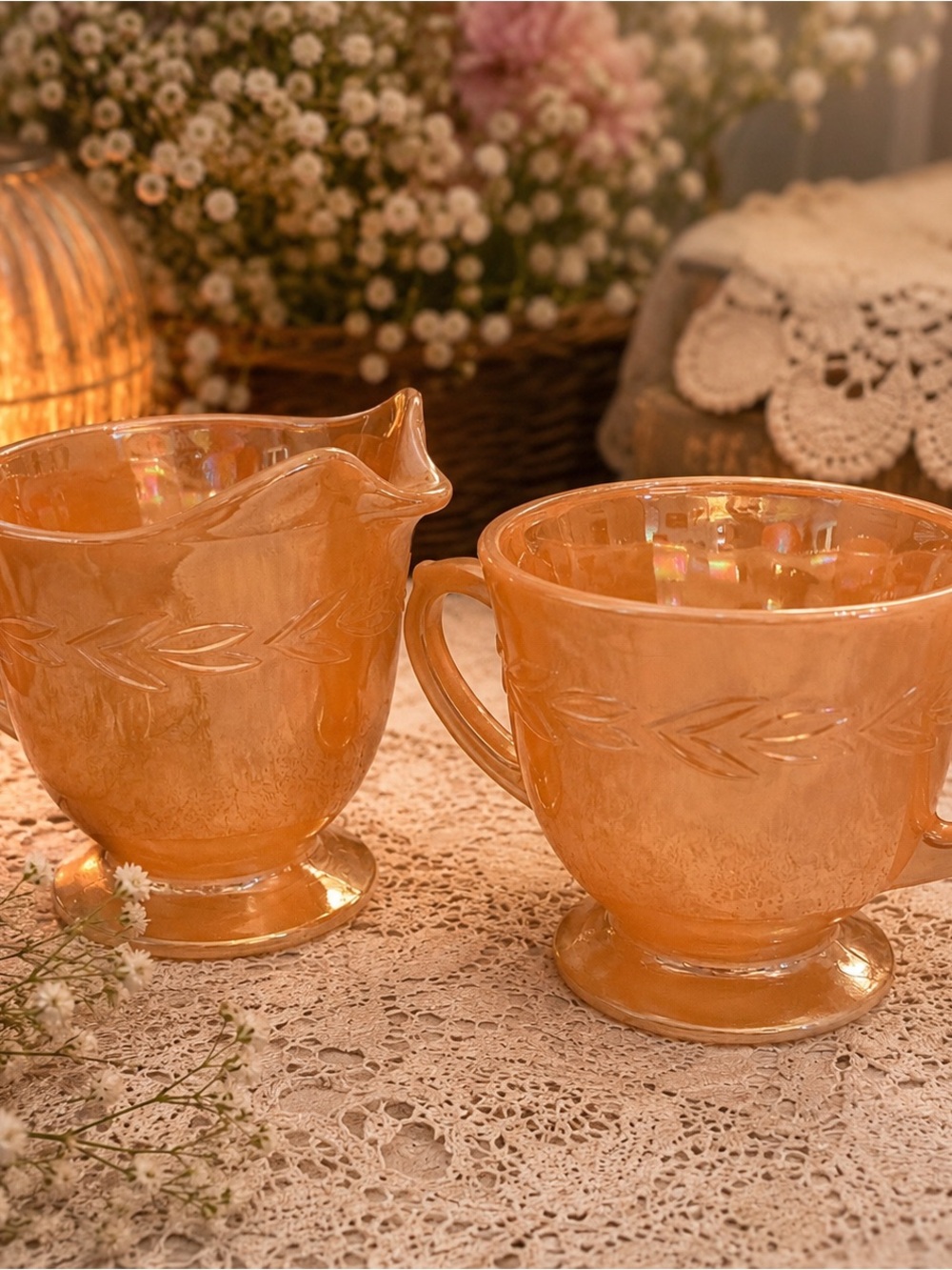 Vintage Fire-King Peach Luster Creamer & Sugar Set Art Deco